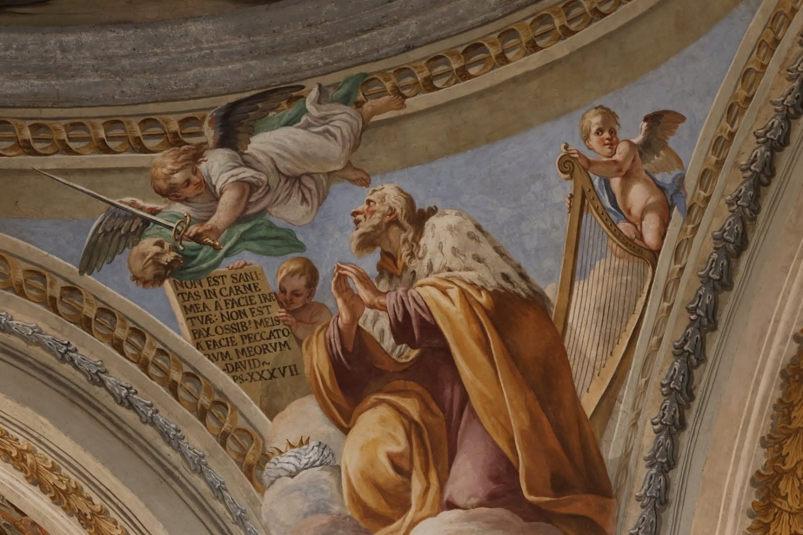 Il re Davide in preghiera, con l'arpa e gli angeli